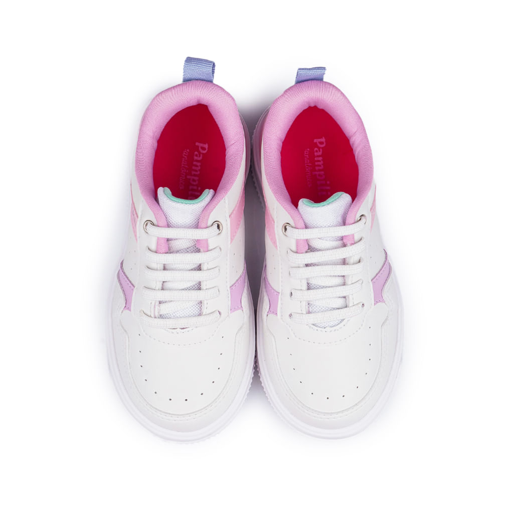 Tênis infantil Pampili Up branco com detalhes rosa em vista frontal